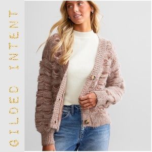 Cozy Cardigan Sweater Mauve Eyelash Button Front Buckle Gilded Intent Size XL